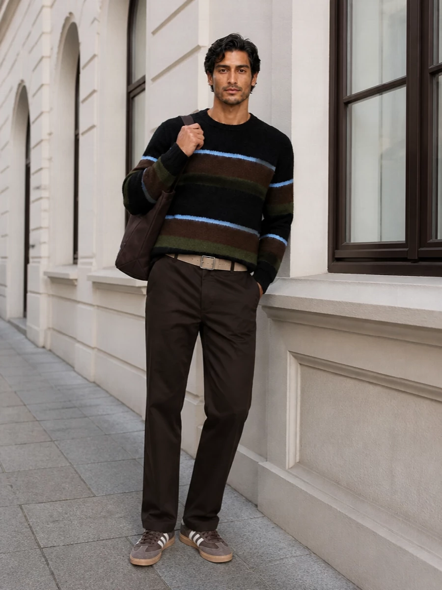 Carhartt striped sweater brown chinos outfit