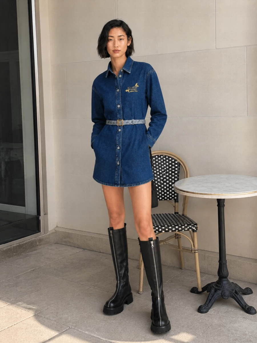 Moschino denim shirt dress knee high boots