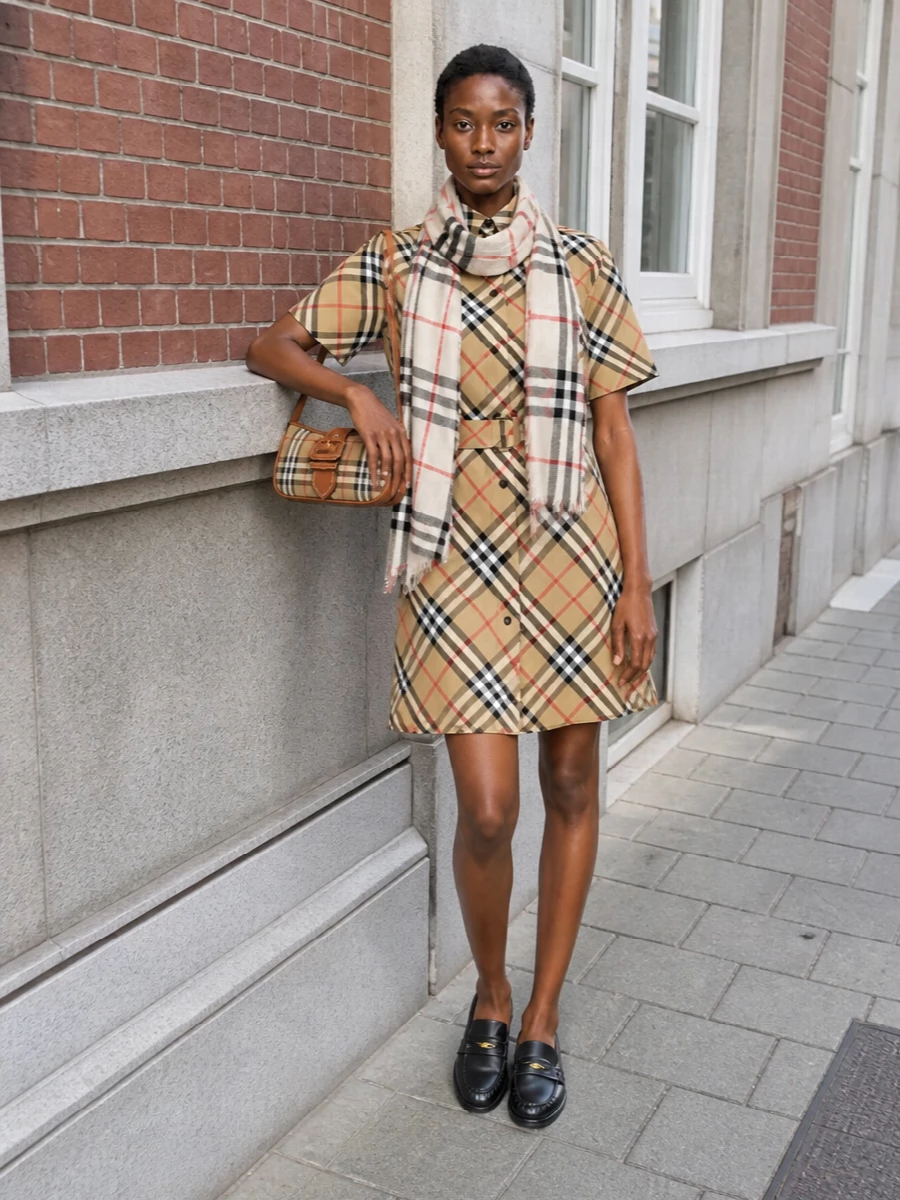 The checked shirt dress stays front and center, framed by polished black loafers and a slim Burberry baguette for a crisp, city-ready mood. The gauzy check scarf repeats the palette at a softer scale, tying the heritage story together without feeling matchy. It is sharp, easy and quietly confident for anything from gallery days to relaxed client meetings.