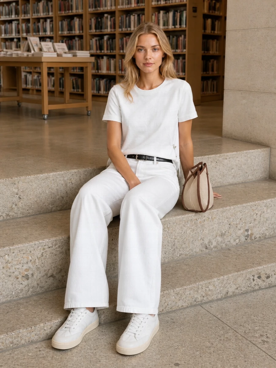 Soft white wide-leg denim meets a sculpted white tee for a clean, modern take on relaxed streetwear. A slim black belt and structured oatmeal shoulder bag introduce quiet contrast and definition. The result is an easy warm-weather uniform that feels sharp without trying too hard.
