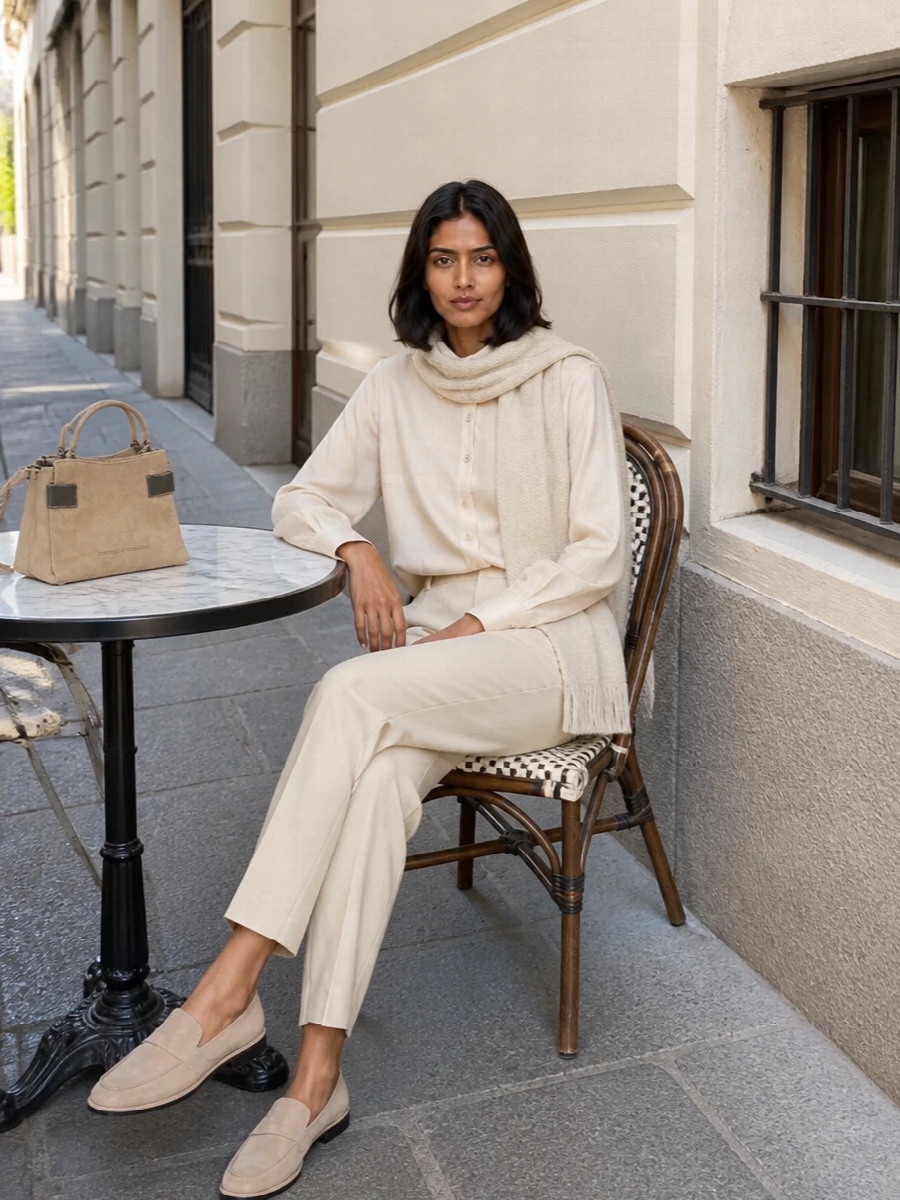 Brunello cucinelli beige trouser silk shirt outfit