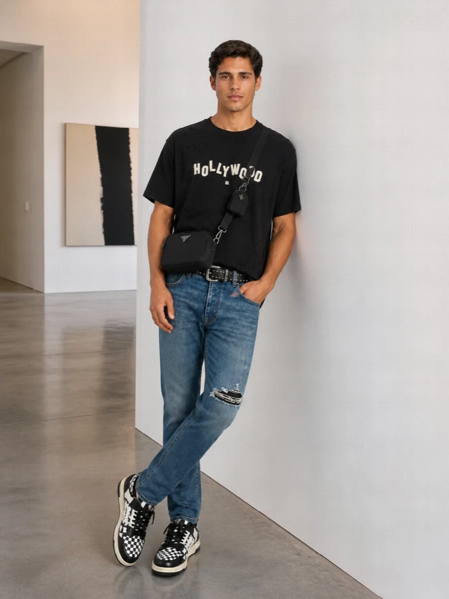 Amiri hollywood tee distressed jeans prada bag