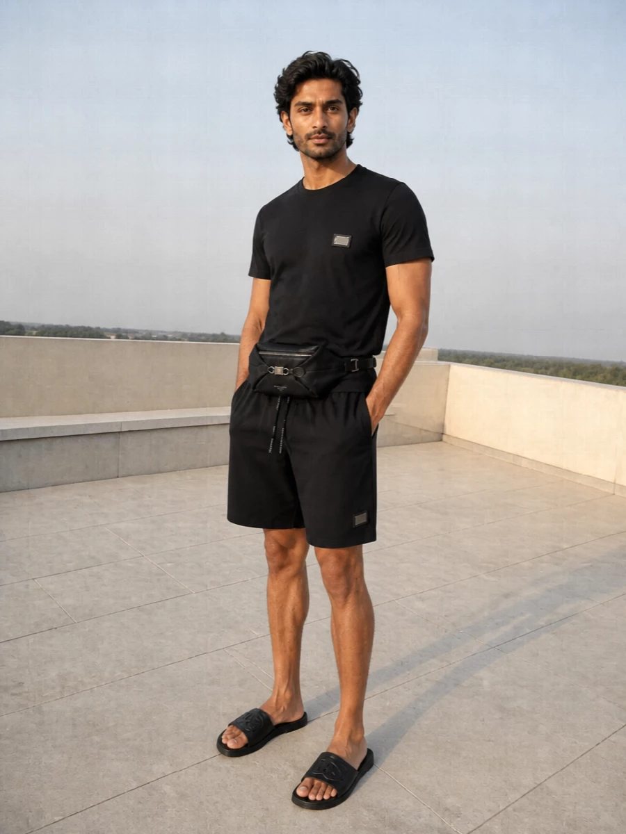 Dolce gabbana black swim shorts and slides outfit