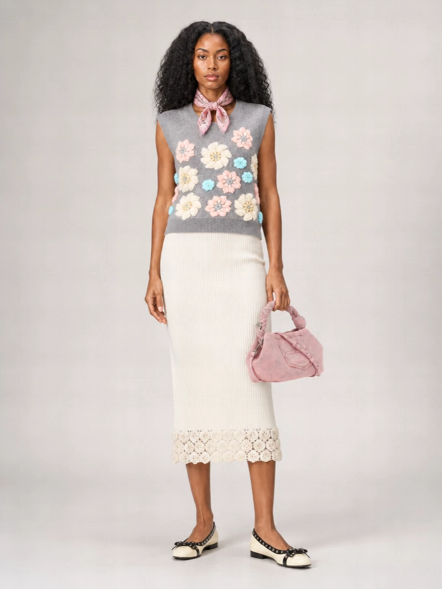 Ganni Floral-Appliqué Knitted Top