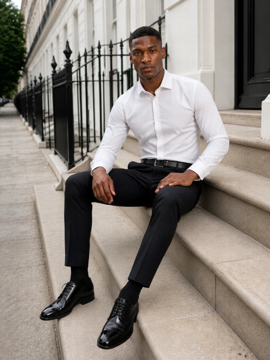 A crisp white Zegna shirt and deep navy tailored trousers create a disciplined, modern uniform in clean lines and rich, dark tones. Glossy black derbies and a slim black belt sharpen the silhouette without visual noise, while the intrecciato portfolio adds a quiet note of texture that still feels perfectly at home in the boardroom. Everything is pared back and precise, designed to move seamlessly from client meetings to late dinners without a change of clothes.