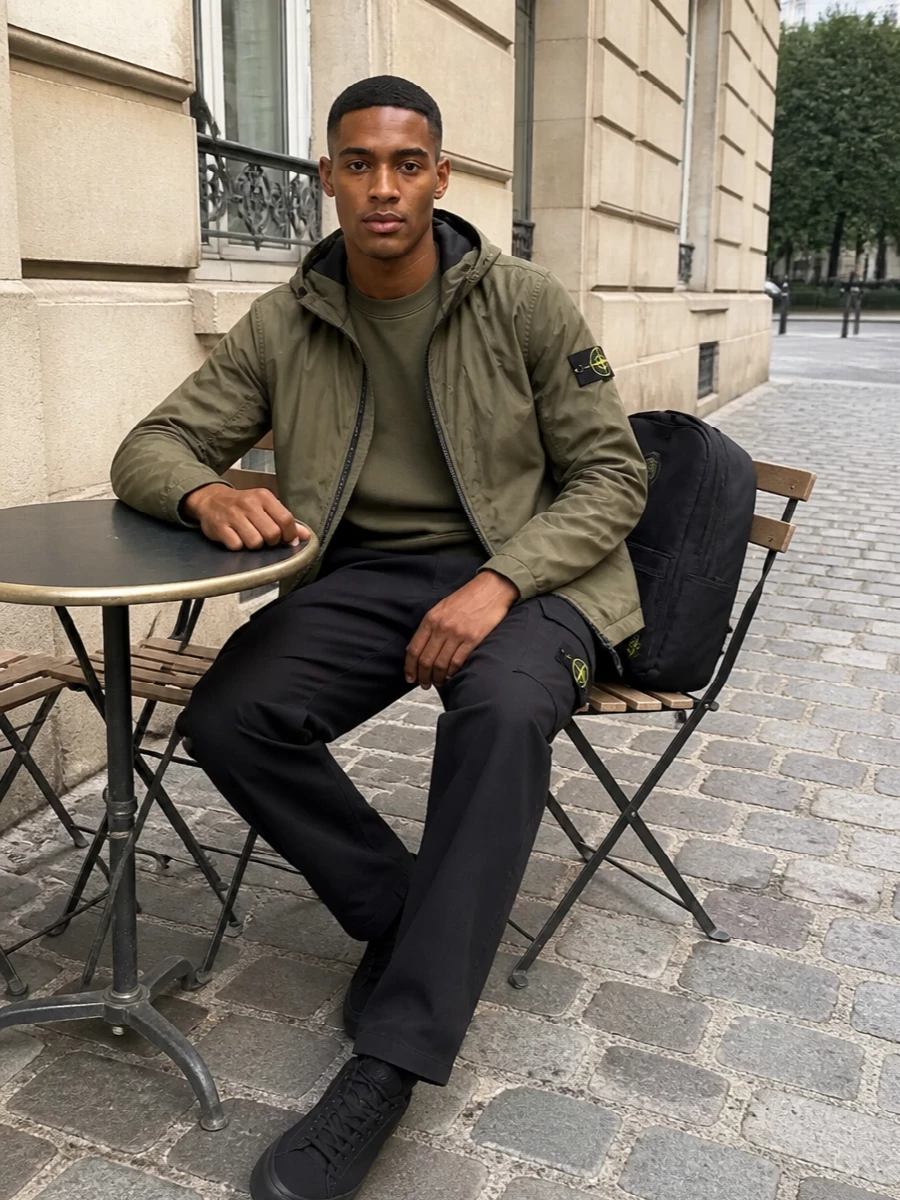 Olive and black do the talking here, pairing a crisp Stone Island shell with a washed crew and straight cargos for a uniform that feels ready for movement and weather. The all-black sneakers and backpack keep the line clean from hip to ground, so the texture and dye of the outer layers stay in focus. It is a tight, technical city kit that works from commute to weekend without needing a change.
