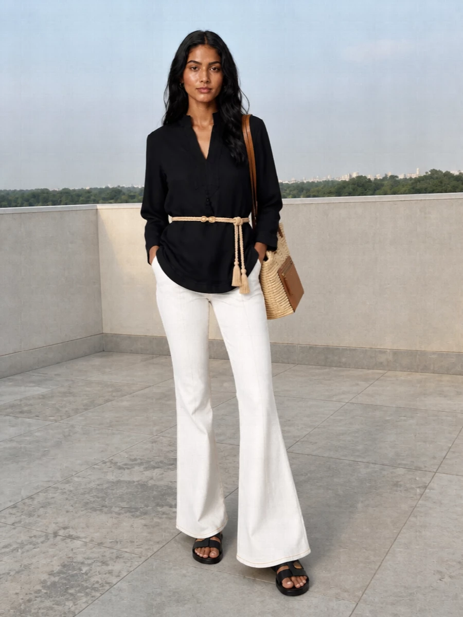 Tory burch black tunic white flared jeans outfit