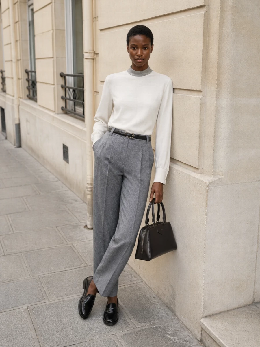 Quiet luxury grey pleated trousers ivory blouse