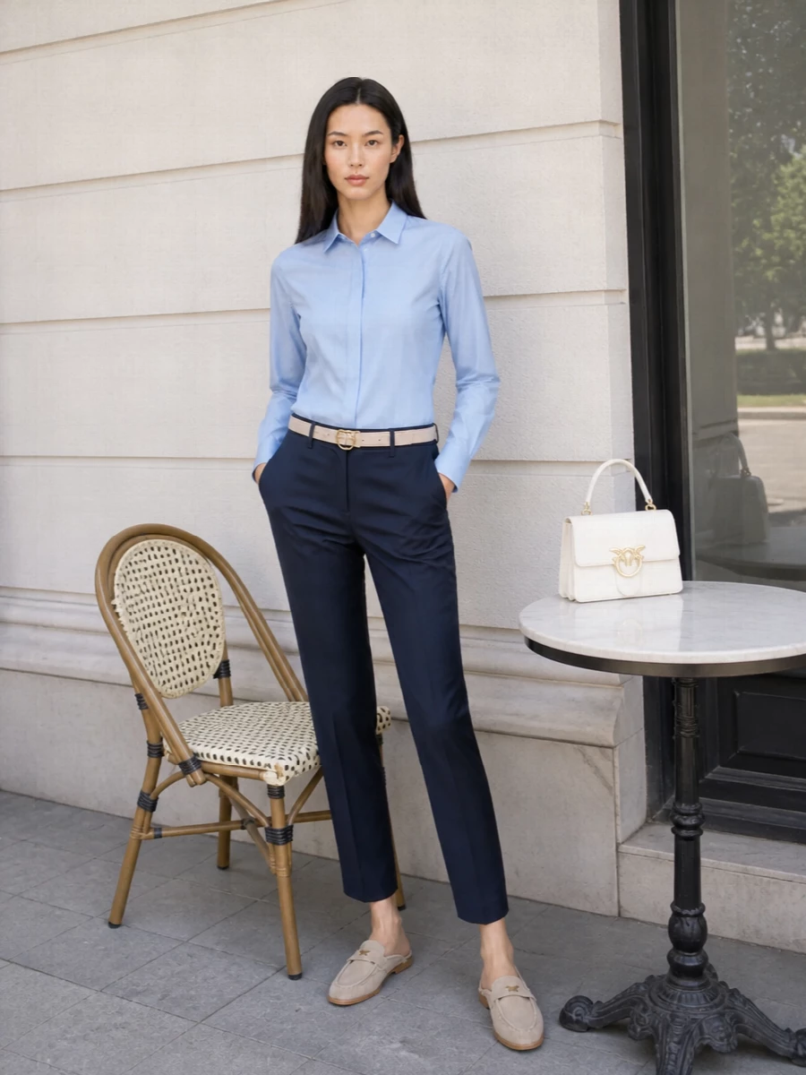 Pinko powder blue shirt navy trousers outfit