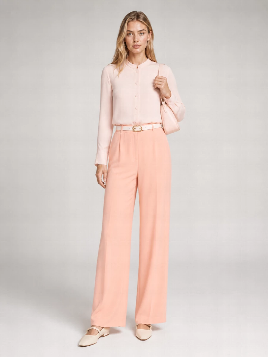 Soft peach wide-leg trousers meet a fluid blush shirt for a tonal, weightless take on weekday polish. Cream low-heel flats and a blush baguette keep the proportions clean and grounded, while a slim white belt quietly defines the waist. The result feels relaxed yet composed, ideal for warm days when you want ease with considered structure.