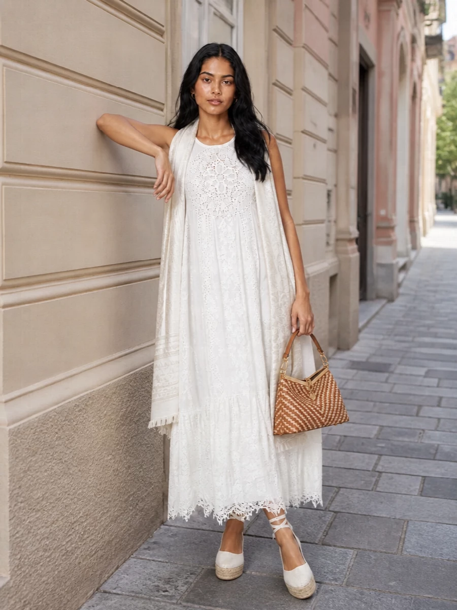 Etro raffia bag ivory lace summer dress