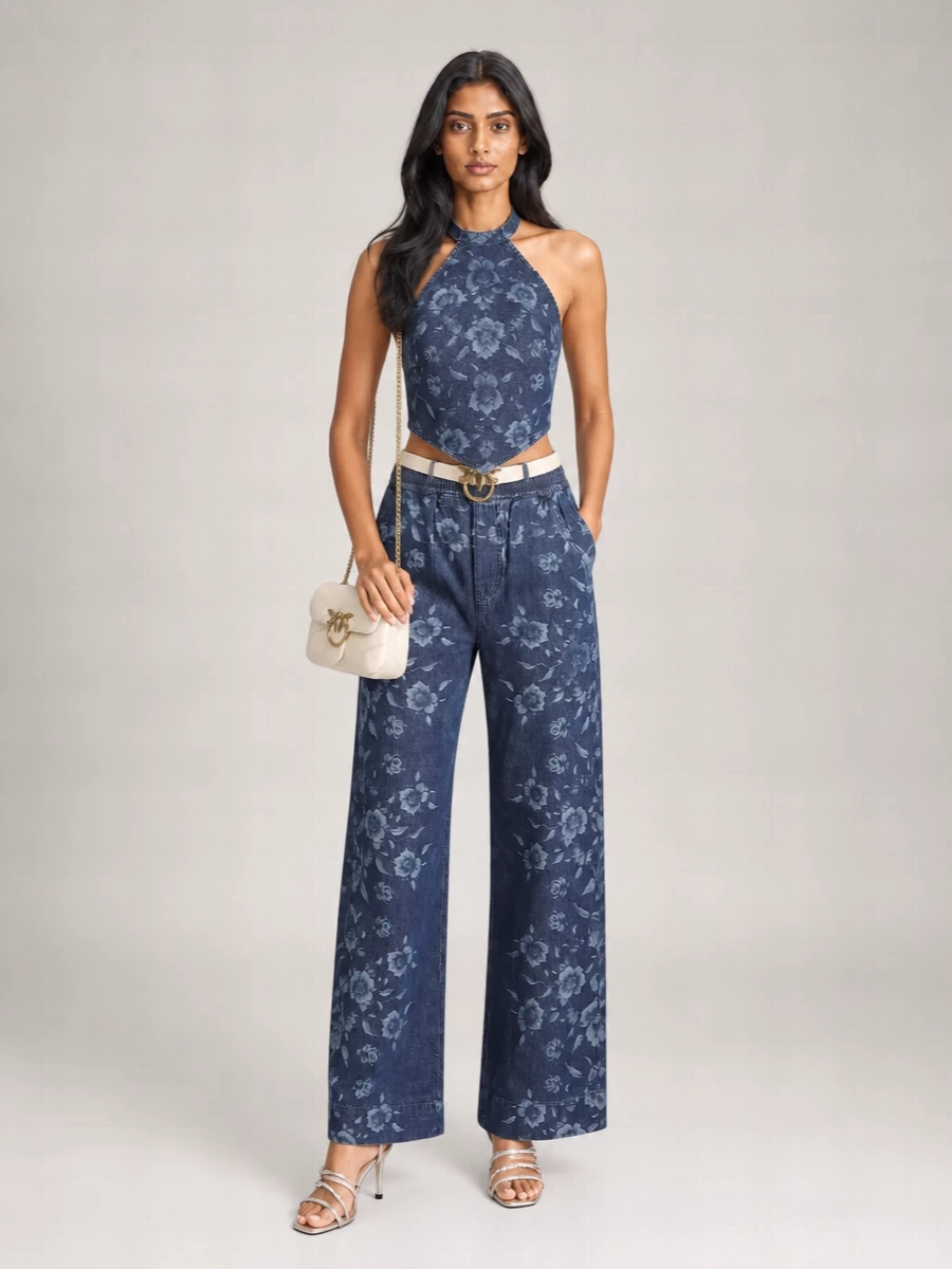 Pinko Denim Floral-Print Halterneck Top