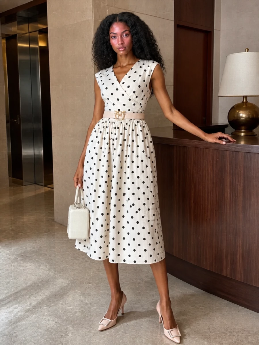 A romantic polka-dot midi is cinched with a blush belt, then finished with soft patent pumps for a polished but easy day-to-occasion feel. The ivory mini top-handle keeps everything light and ladylike, perfect for garden parties or city weddings. Blush accents gently warm the monochrome palette without stealing the dress’s spotlight.
