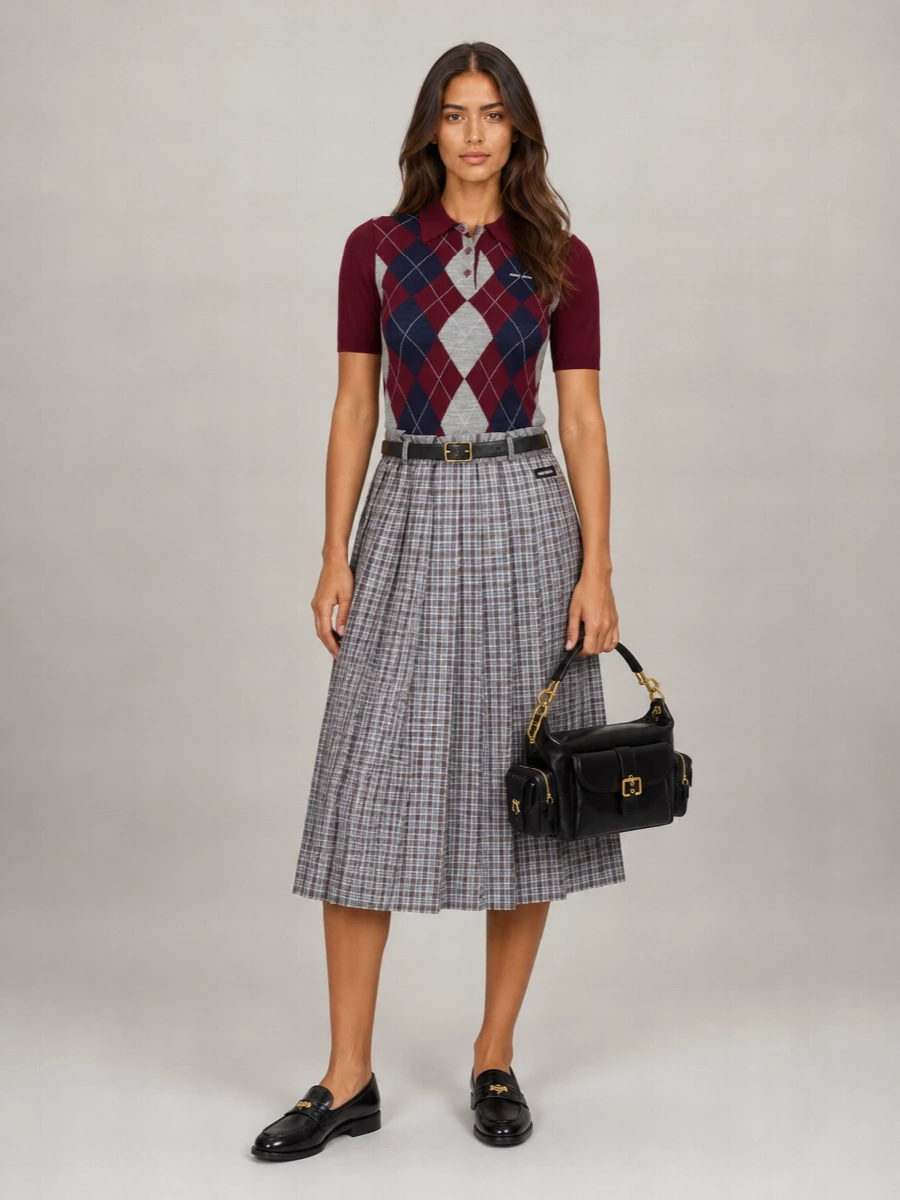 Miu Miu Cotton Checked Gathered Pleated Skirt