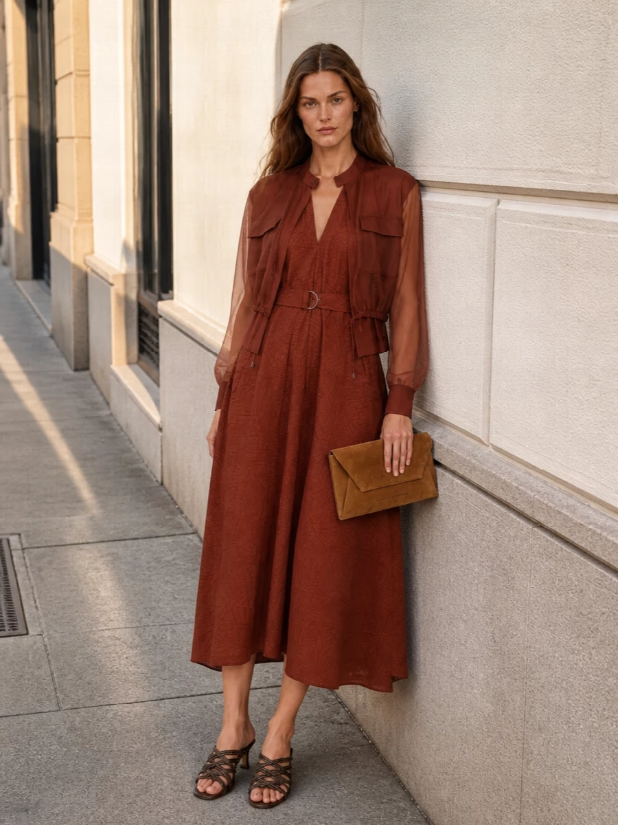 Brunello cucinelli terracotta midi dress outfit