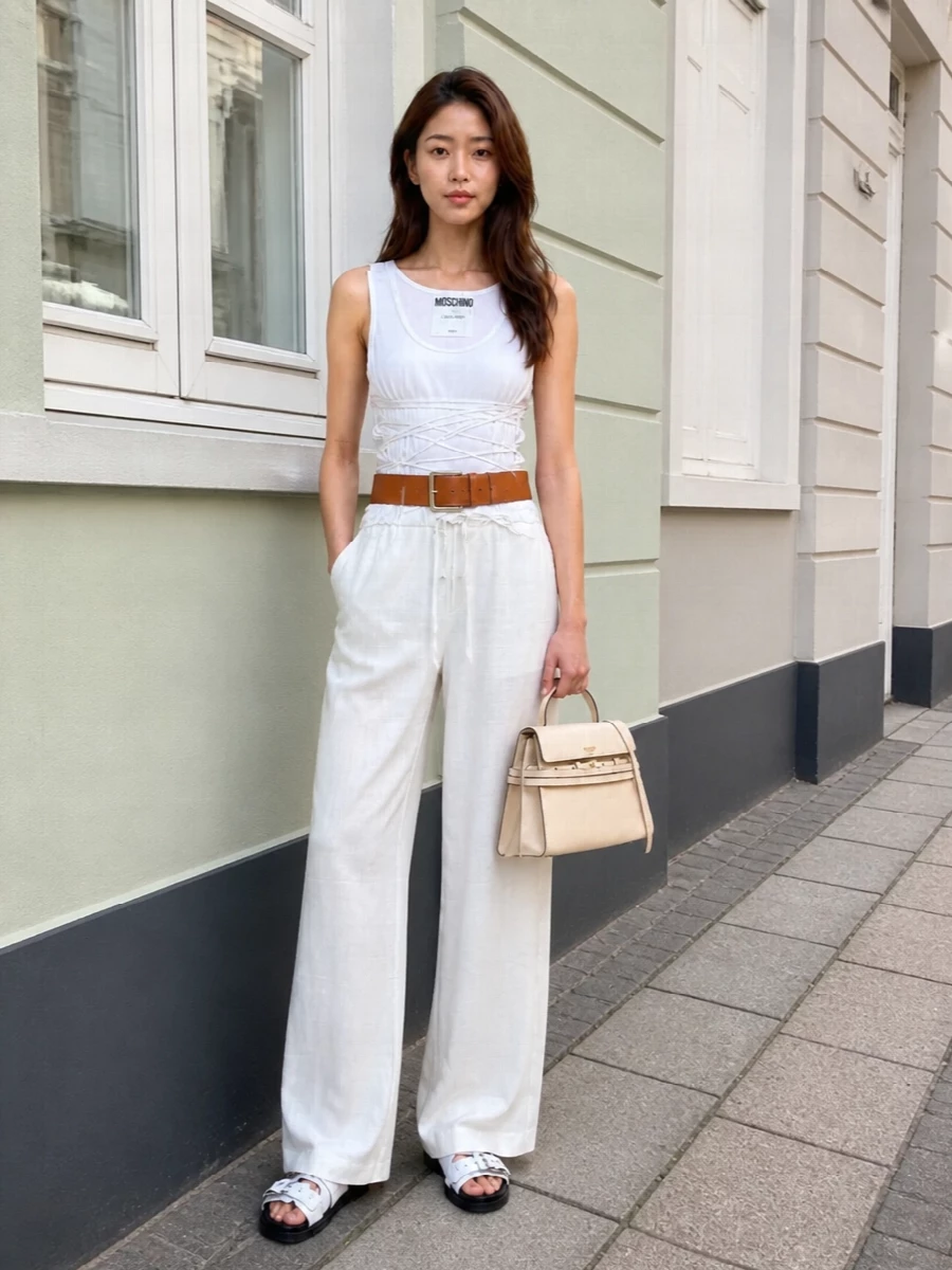 Moschino wide leg trousers lace up tank outfit