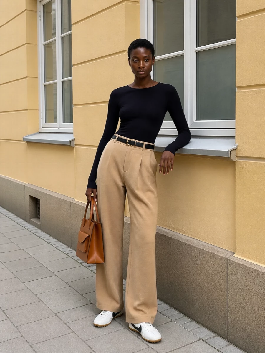 Nike camel wide leg trousers black knit outfit