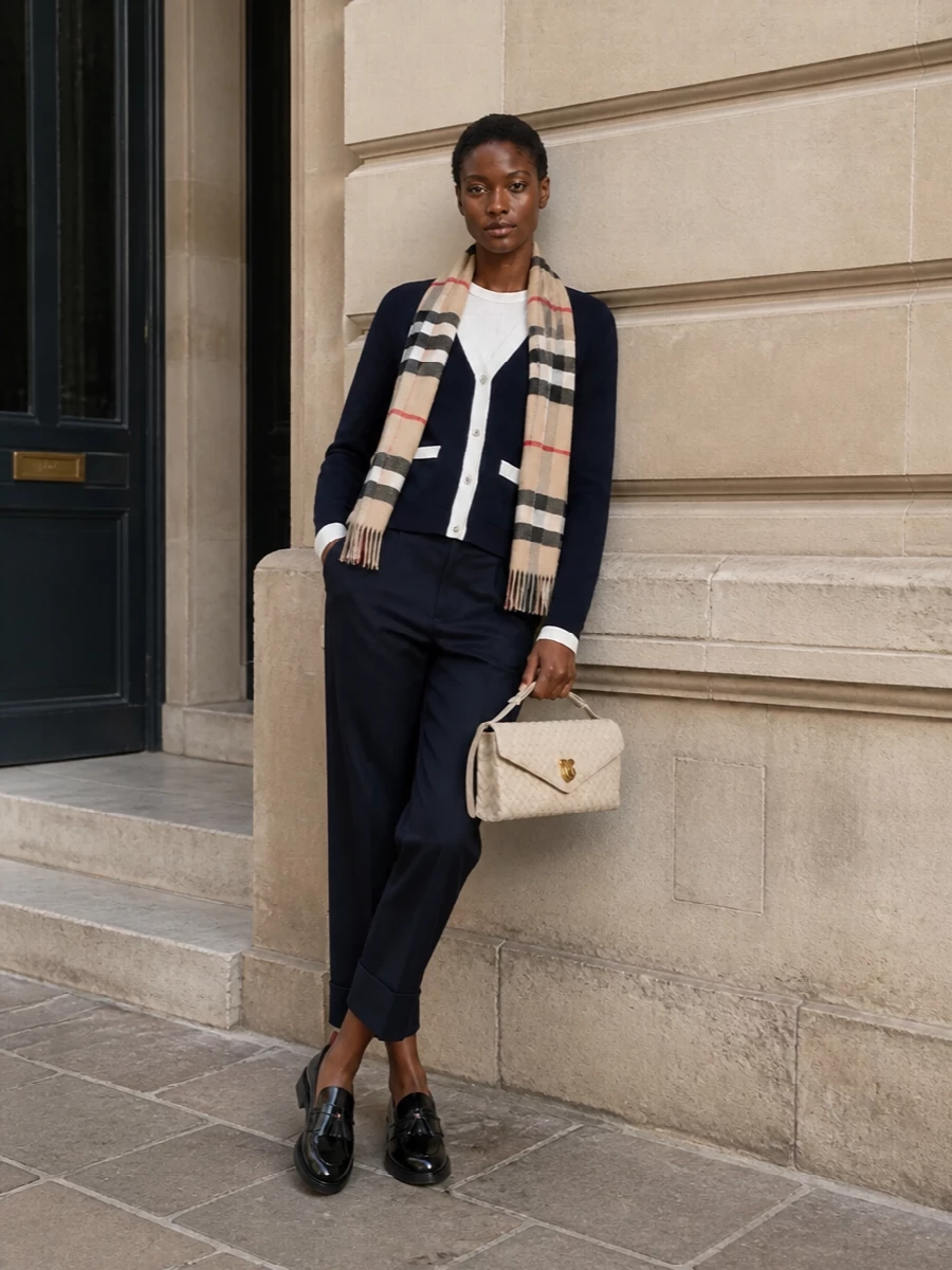 This look leans into Thom Browne’s collegiate rigor with the cropped navy cardigan paired to sharp, high-rise navy cuffed trousers for a long, tailored line. Glossy black loafers and a stone Bottega Veneta envelope bag keep the palette quietly luxe, while the neutral Burberry check scarf introduces a soft heritage accent that still feels disciplined and refined. It’s a uniform-inspired FW outfit that reads polished yet entirely effortless from desk to dinner.
