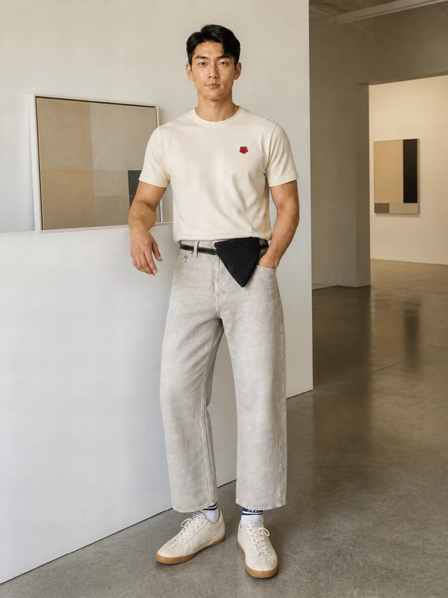Warm neutrals sit at the core here, with the cream tee and stone denim creating a soft, modern base that reads clean rather than stark. Cream gum-sole sneakers keep everything light and low-profile, while the black sculptural belt pouch and striped socks add just enough graphic tension to keep the uniform feeling sharp. It is an easy, city-ready uniform that balances relaxed shapes with precise details.