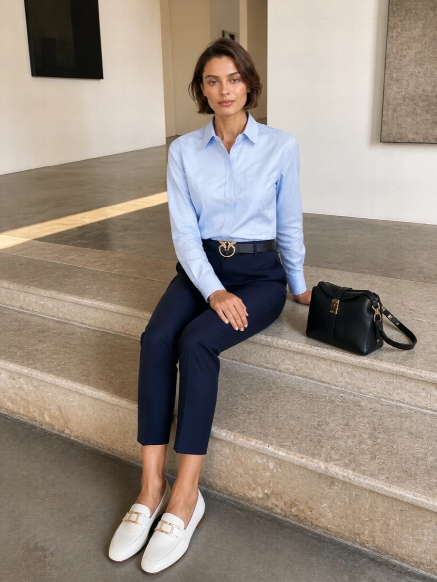 Pinko blue shirt navy trousers tods loafers