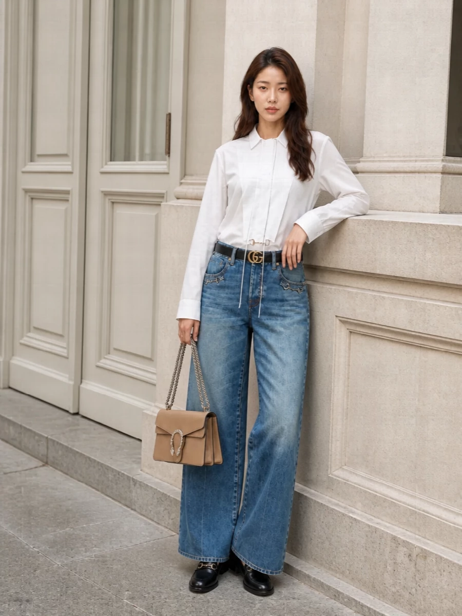 Gucci wide leg jeans white shirt loafers