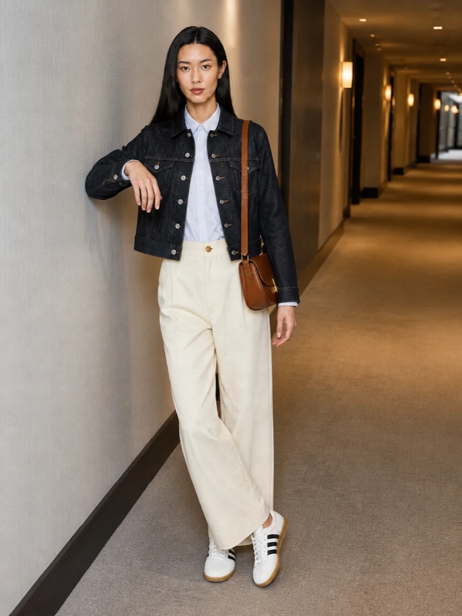 Apc denim jacket striped shirt wide leg pants