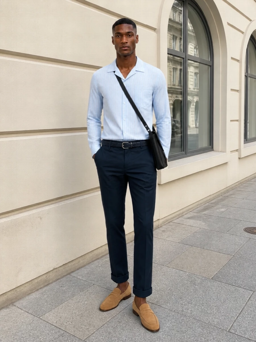 Dries van noten camp shirt navy chinos outfit