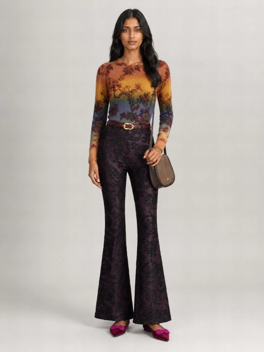 Etro Wool Floral Jacquard Degradé Crewneck Sweater