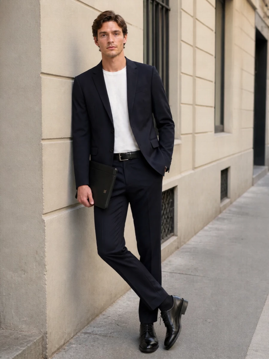 Dolce gabbana navy suit black derby shoes