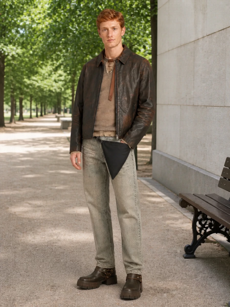 Diesel leather jacket grey jeans brown boots