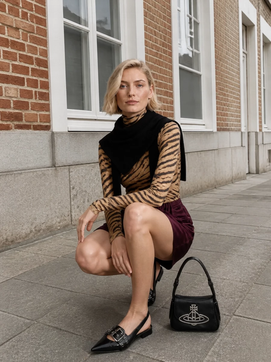 A tiger-print turtleneck slices cleanly against the sculptural wine satin mini, keeping the focus on texture and line. Glossy black pointed flats and a sharp Orb bag inject just enough hardware and attitude for after-dark dressing without breaking the tight burgundy-and-black story. The result feels sleek, subversive and undeniably city-night ready.