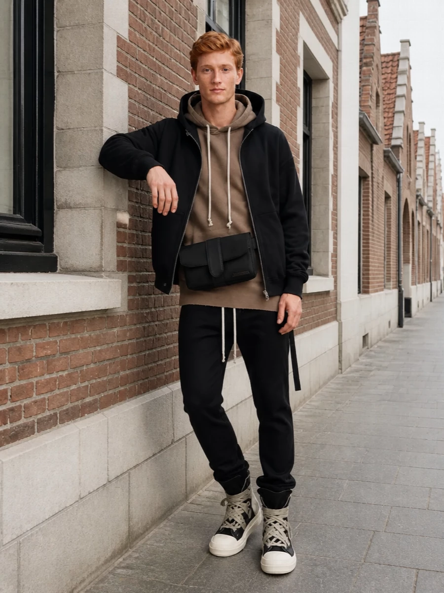 Rick owens drkshdw hoodie tapered pants outfit