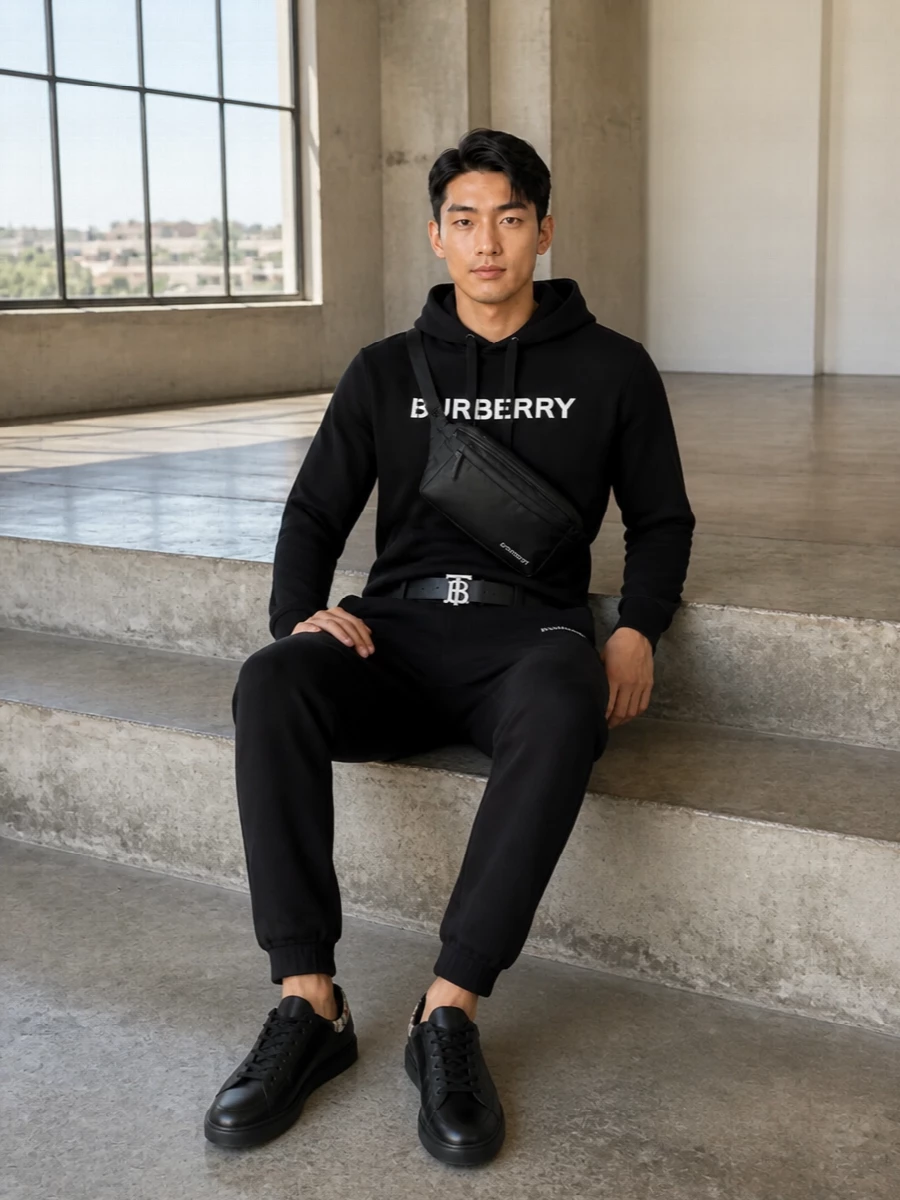 Burberry black track pants hoodie streetwear outfit