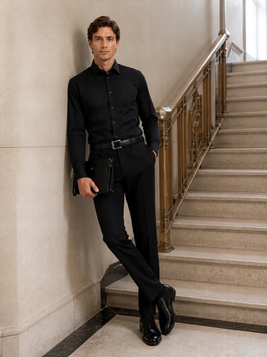 Dolce gabbana black shirt tailored trousers outfit