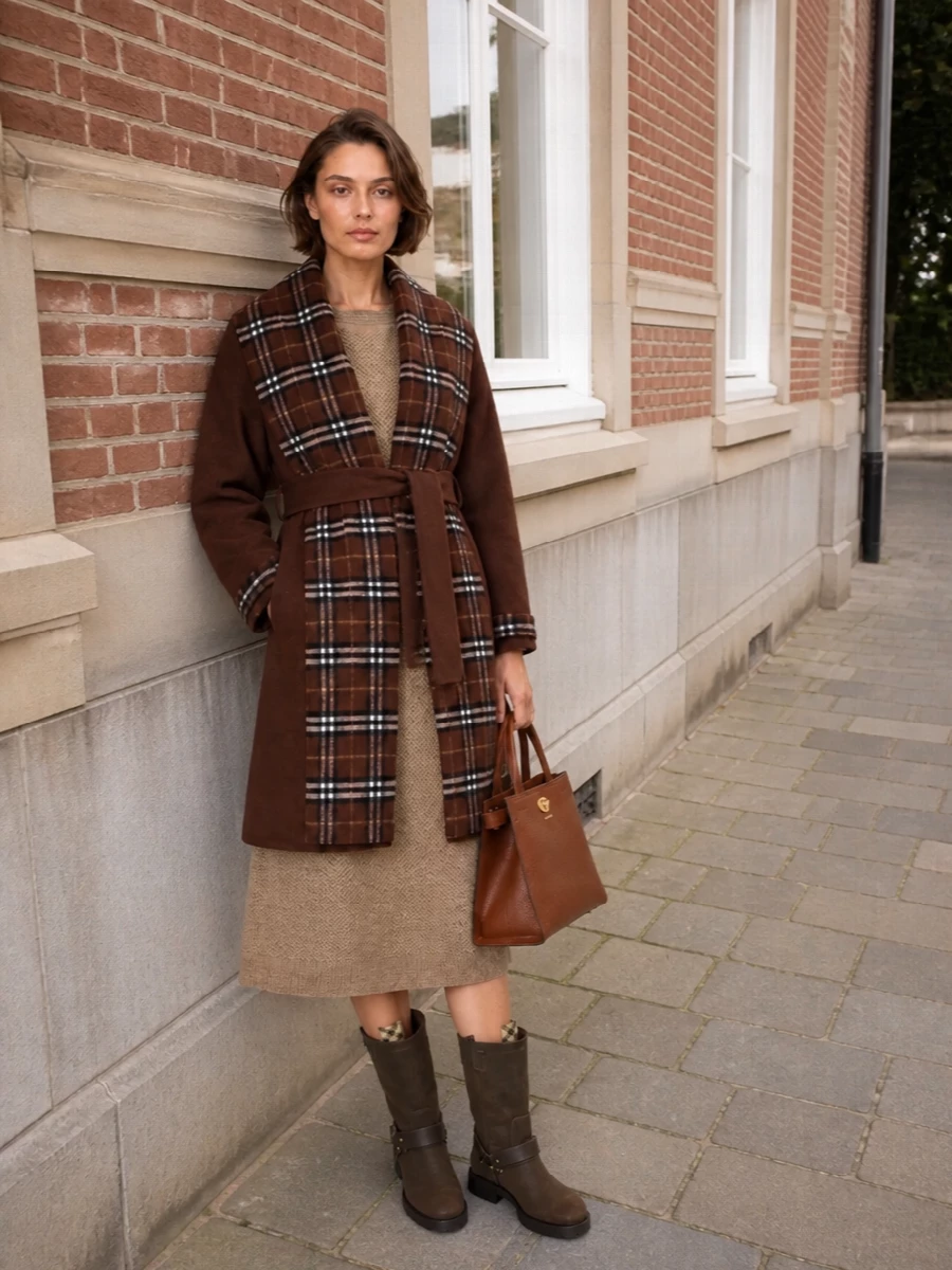 Burberry coat brunello cucinelli knit dress outfit