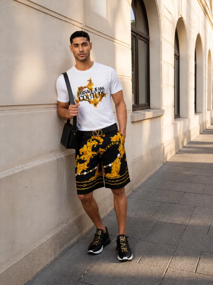 Versace baroque shorts white logo tshirt outfit