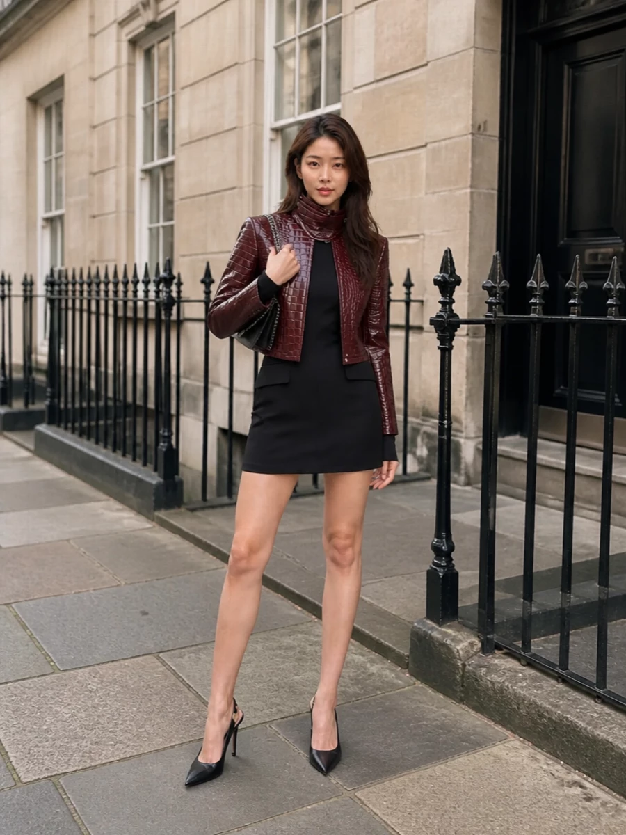 This look is a hard-edged, after-dark tailoring story: the oxblood croc Sportmax jacket sits over a sculpted black blazer mini dress, doubling down on sharp lines and a futuristic gloss. Balmain’s pointed slingbacks and a chain-trimmed Stella envelope bag extend the sleek, metallic accents, creating a focused, city-night silhouette that feels powerful, modern and unapologetically polished. Choosing the dress route keeps the outfit clean and architectural, rather than breaking the impact with a separate top-and-bottom line.