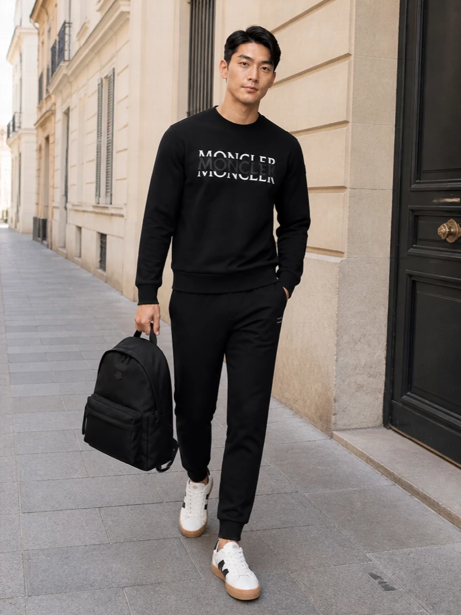 Moncler logo sweatshirt black joggers outfit