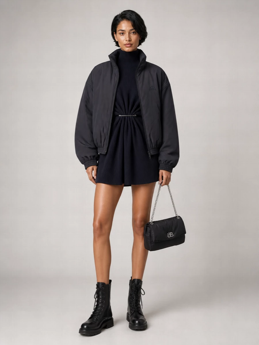 Balenciaga Polyester Oversized High Collar Zip Bomber Jacket
