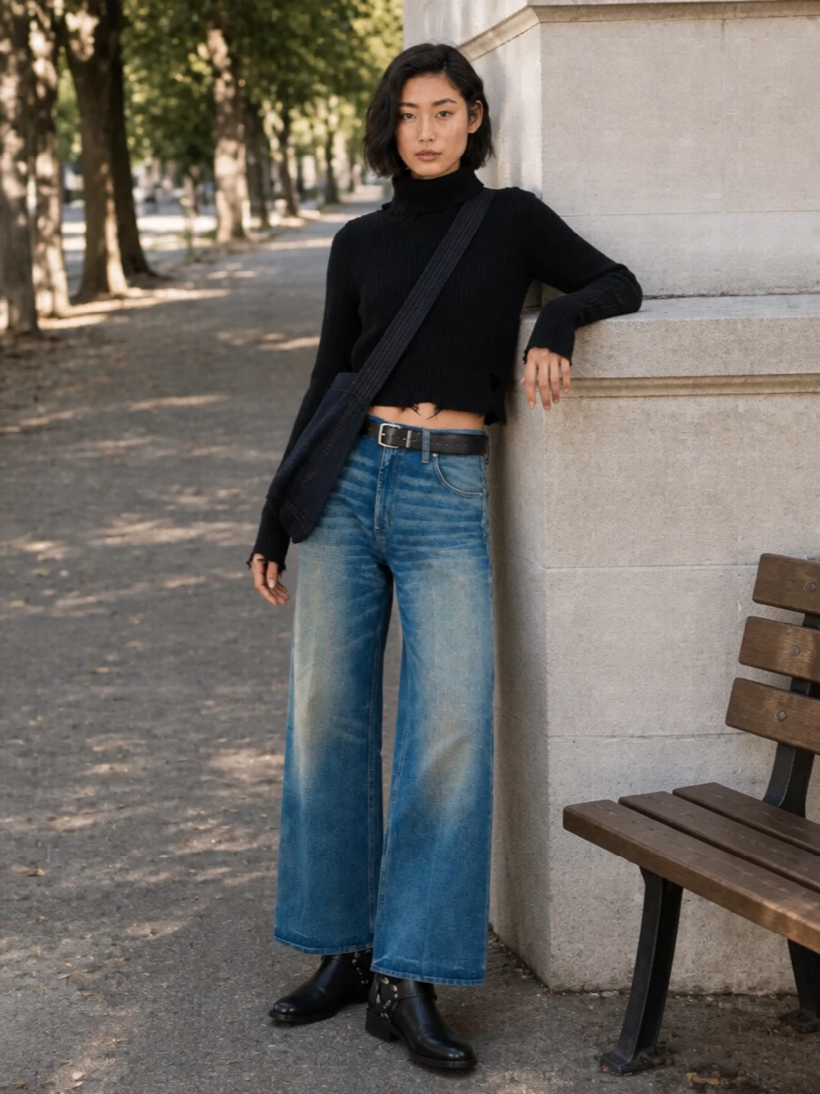Haikure wide leg jeans black knit harness boots