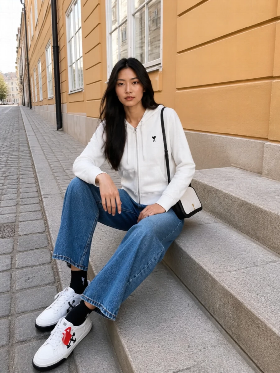 Minimalist, logo-touched streetwear with a Parisian accent: the white zip hoodie meets faded wide-leg denim for a relaxed but considered silhouette. Graphic white-and-black sneakers keep the palette clean, while the petite baguette bag and matching socks add just enough structure and branding for city days that still feel low key. It is easy, balanced and quietly confident from coffee runs to late afternoons out.