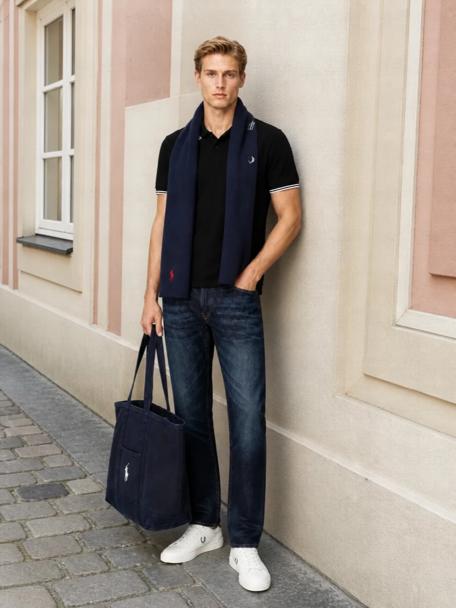 A black twin-tipped polo sits against clean dark indigo denim for a sharp, terrace-to-city kind of ease. White court sneakers keep it sporty and precise, while the navy canvas tote and ribbed scarf add just enough collegiate polish for cooler days. The palette stays tight to black, navy and white, so the whole outfit feels calm and considered rather than over-styled.