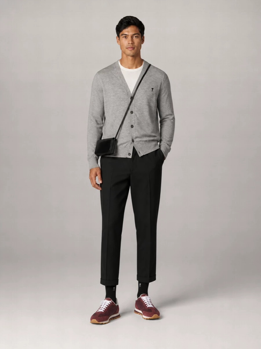 Ami Paris Merino Wool Logo-Embroidered V-Neck Cardigan