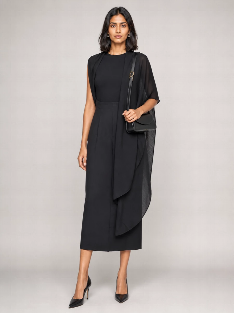 An all-black, tailored evening ensemble that lets the dress’s asymmetric cape detail take center stage, supported by razor-clean stilettos and a discreetly structured shoulder bag. Pearl-drop studs and a barely-there wrap add quiet light and texture without softening the architectural edge.