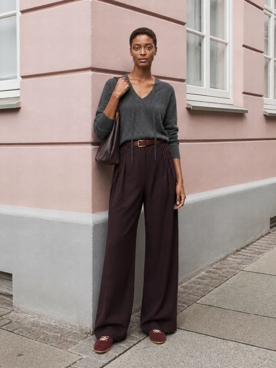 Dries van noten aubergine wide leg trousers outfit