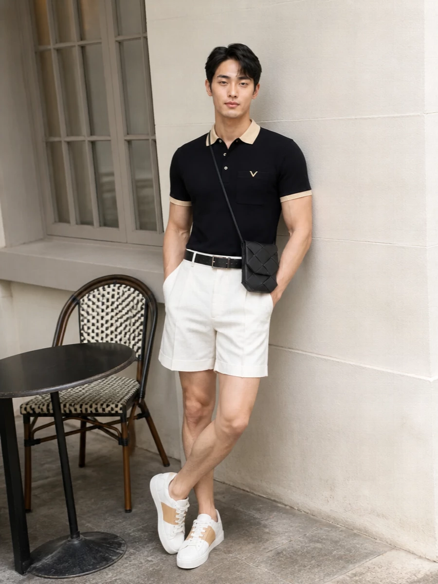 This look leans into a fresh, Riviera-preppy take on quiet luxury: the black Valentino polo is lifted by off-white high-waisted tailored shorts that echo its sand collar and keep the silhouette crisp and clean. Soft-white sneakers with a sand band continue the two-tone palette, while a slim black intrecciato crossbody and refined black belt add just enough structure and texture without breaking the minimalist mood.
