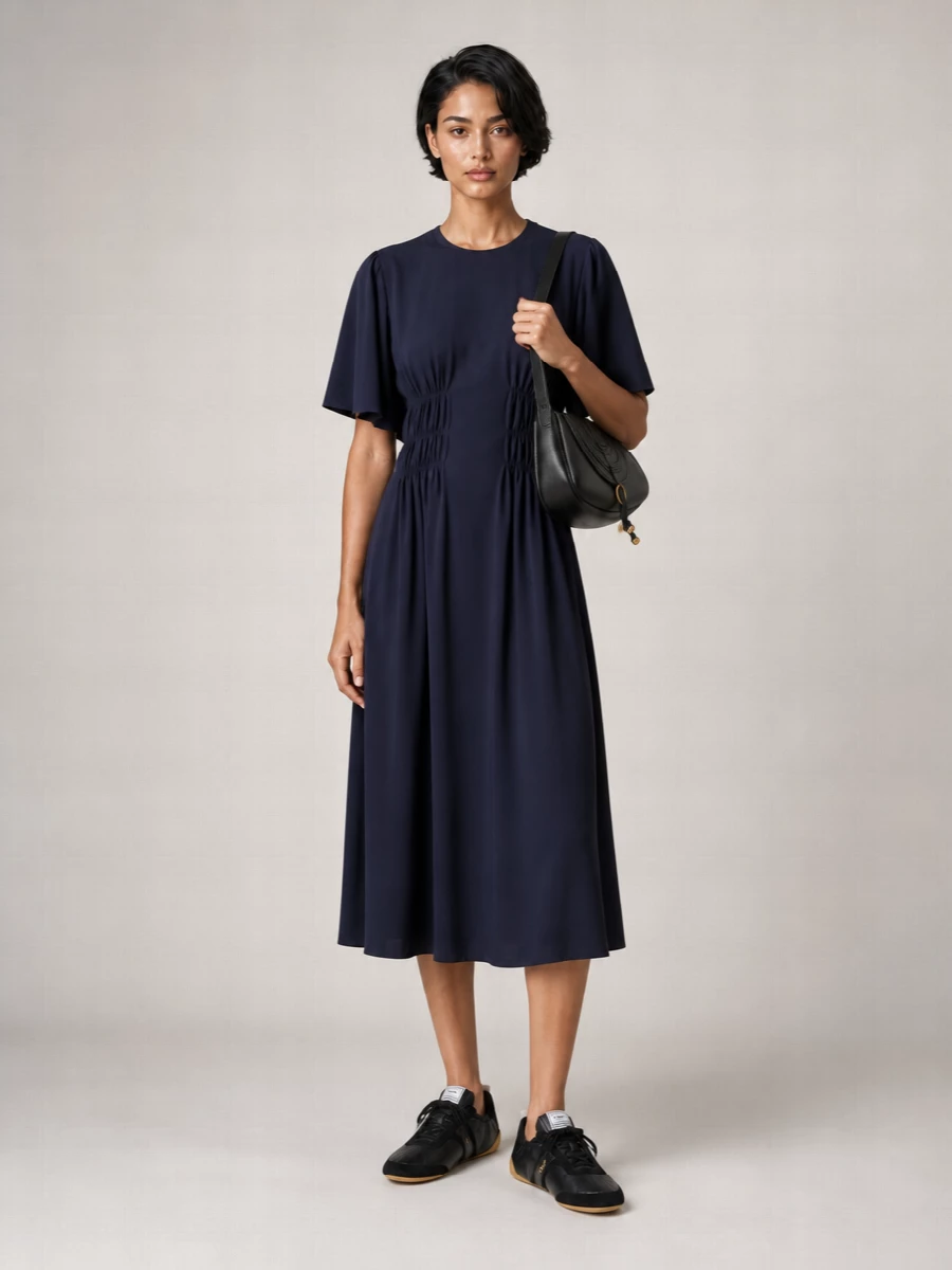 A deep navy midi dress and black Chloé sneakers create a refined, low-key take on city dressing that still feels considered. The ruched waist defines the figure while the fluid skirt keeps movement soft, and the sculpted black shoulder bag quietly ties back to the shoe for a calm, coherent finish. I chose the dress route here, as it respects the sneakers’ polished sport energy while keeping the silhouette streamlined and easy to wear from day into evening.