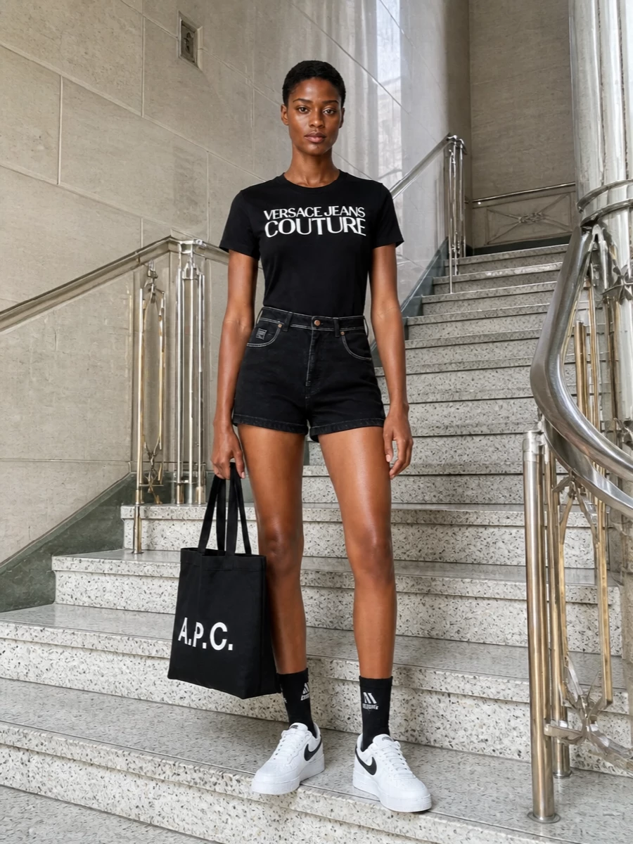Versace’s black logo tee meets high-waisted black denim shorts for a tight, monochrome take on streetwear that feels easy but intentional. Clean white Nike sneakers and a graphic A.P.C. tote keep the palette sharp and practical, while logo socks add a quiet styling twist. It is a straightforward, city-ready uniform with just enough branding to feel confident rather than loud.