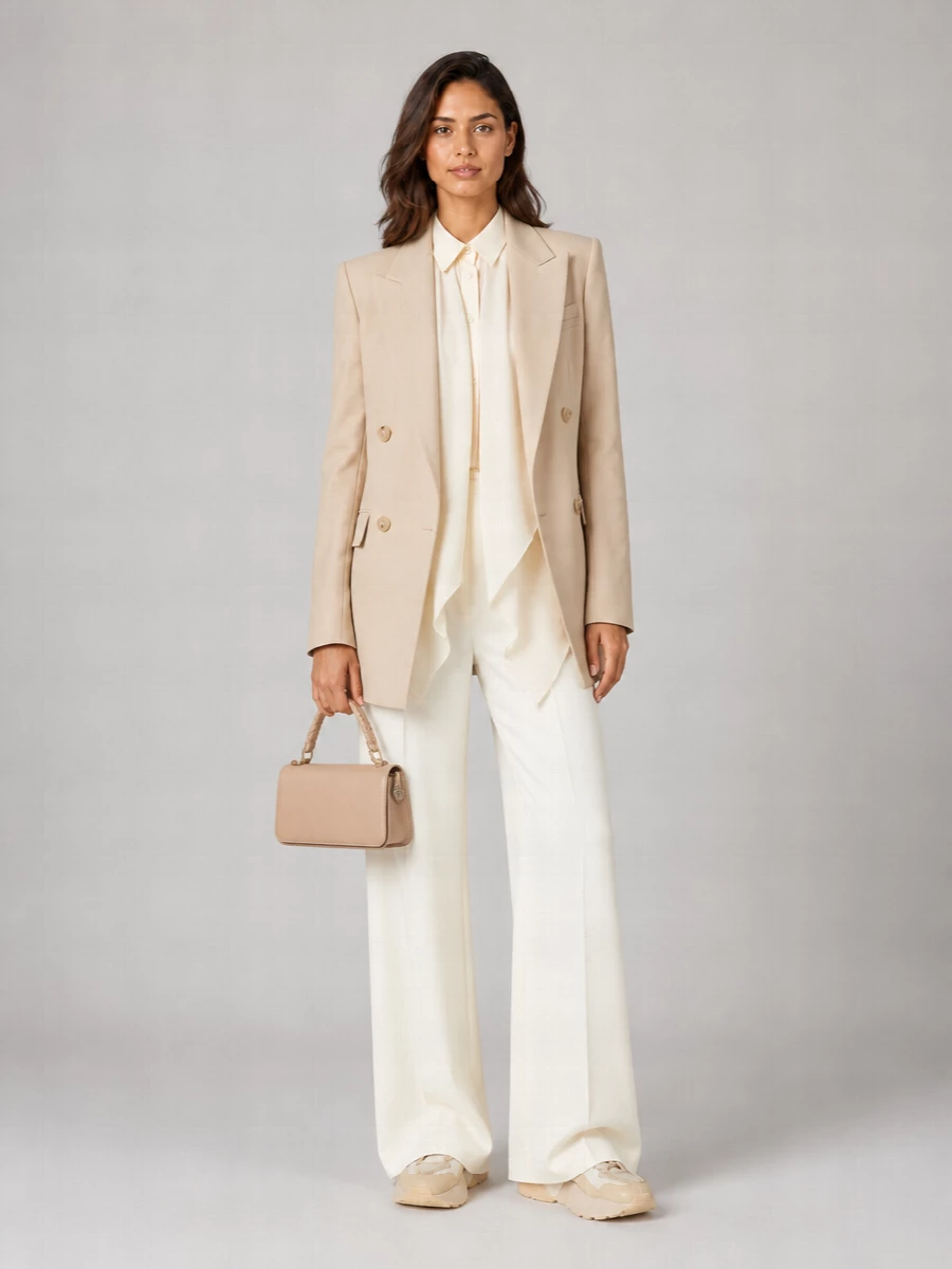 I am building around the Stella McCartney blazer as a tailoring anchor, so I am choosing the top and trouser path rather than a dress to keep the sharp, borrowed-from-the-boys energy. The draped ivory blouse and fluid high-waisted ivory trousers create a long tonal line under the sand blazer, while the tonal chunky sneaker and nude micro top-handle bag keep the mood quietly polished but city-ready. The result is a modern, gallery-opening ensemble that balances structure and movement in a very restrained neutral palette.