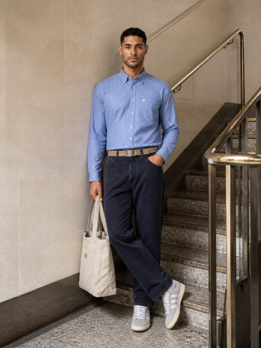 Carhartt wip striped shirt navy pants outfit